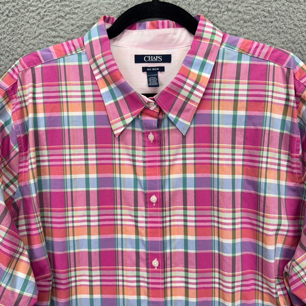Chaps Top Women 3X Pink Orange Blue Plaid No Iron Button Cotton Country Colorful